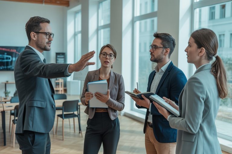 Volwassenen oefenen assertieve gebaren in lichte interactieve workshopruimte