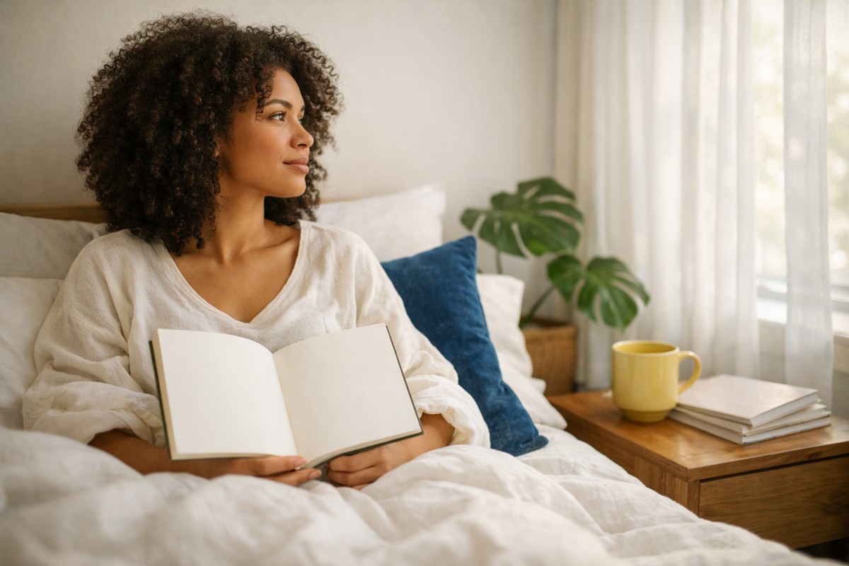 Serene vrouw die 's ochtends in een zonnige slaapkamer reflecteert met een dromendagboek.