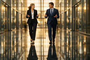 Twee zakelijke professionals lopen synchroon door een modern, licht atrium met perfecte reflecties op de vloer.